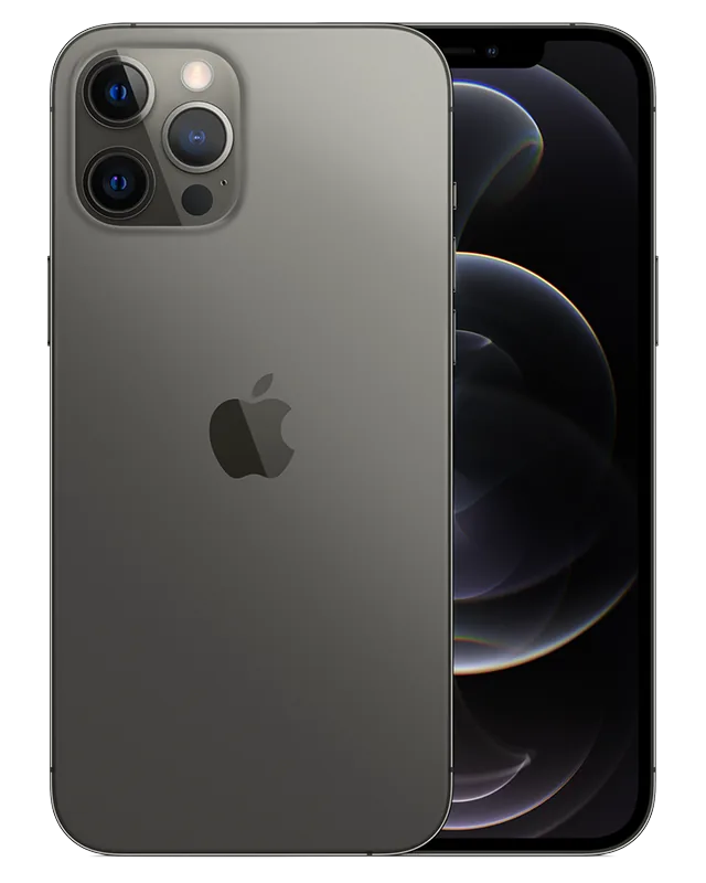 iPhone 12 Pro Max seminovo na cor grafite, visto de trás e de frente