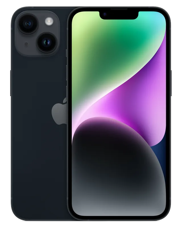 iPhone 14 seminovo na cor meia-noite, visto de trás e de frente
