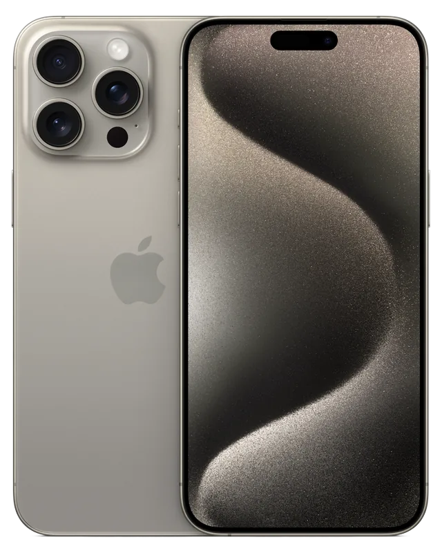 iPhone 15 Pro Max seminovo na cor titânio natural, visto de trás e de frente