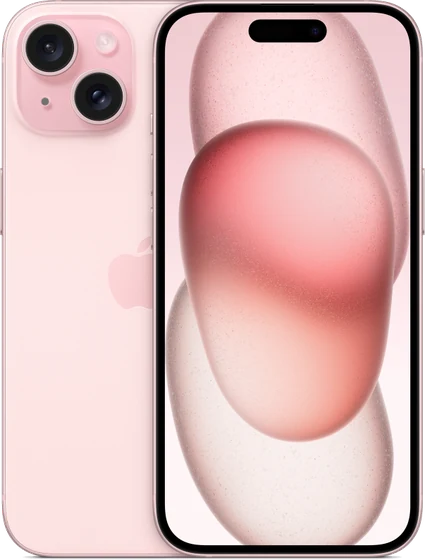 iPhone 15 na cor rosa, visto de trás e de frente