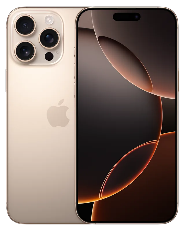 iPhone 16 Pro Max seminovo na cor titânio-deserto, visto de trás e de frente