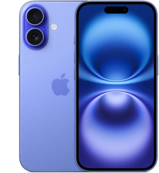 iPhone 16 na cor ultramarino, visto de trás e de frente