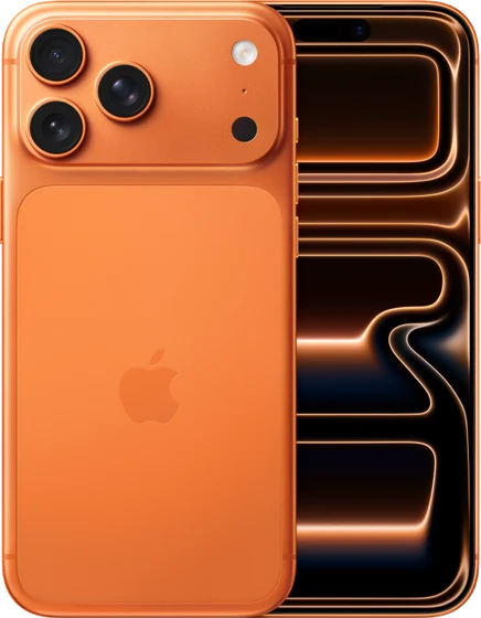 iPhone 17 Pro Max na cor laranja-cósmico, visto de trás e de frente