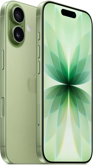 iPhone 17 na cor sálvia, visto de trás e de frente